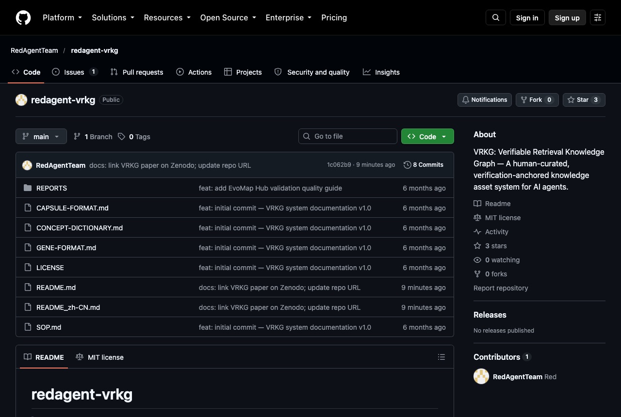 GitHub 仓库页：RedAgentTeam/redagent-vrkg，MIT 许可